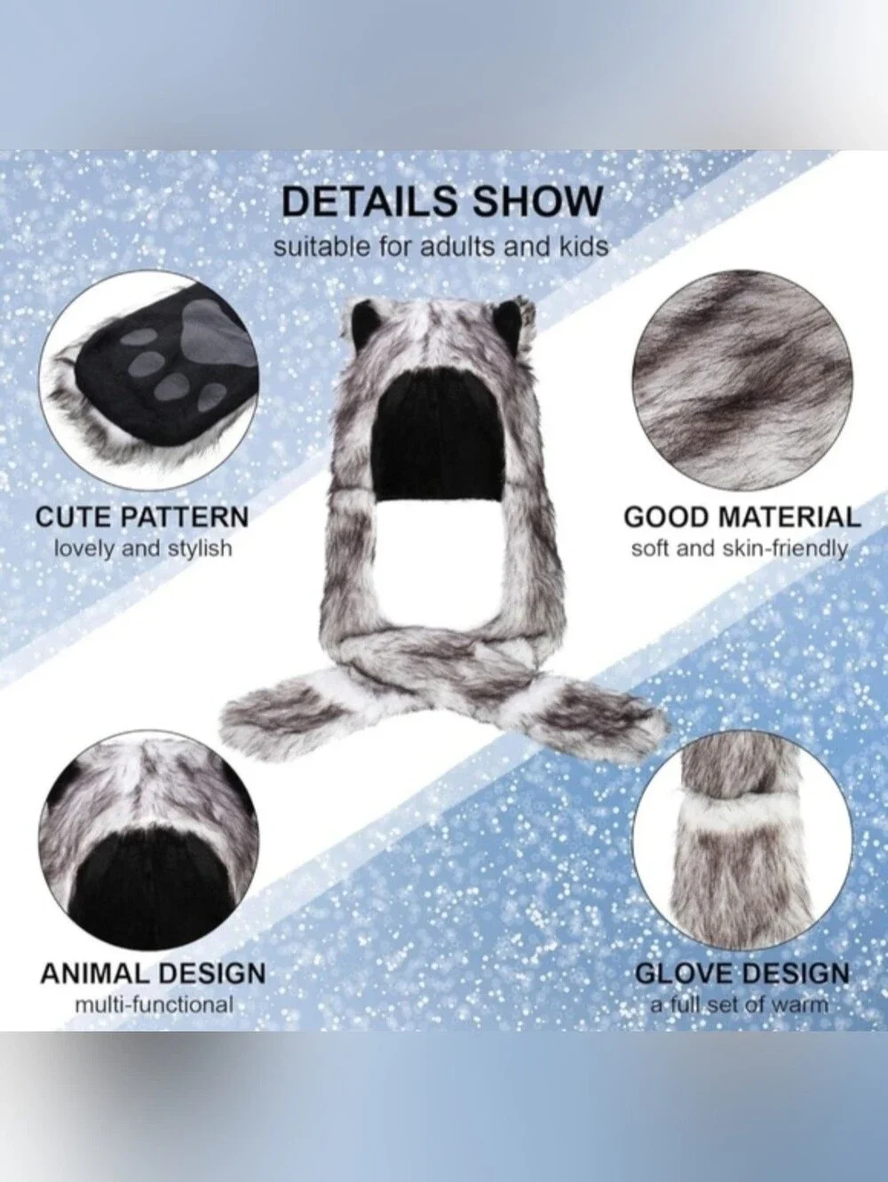 Amazon white winter wolf faux fur wolf ears paws as scarf mittens hat hood NWOT